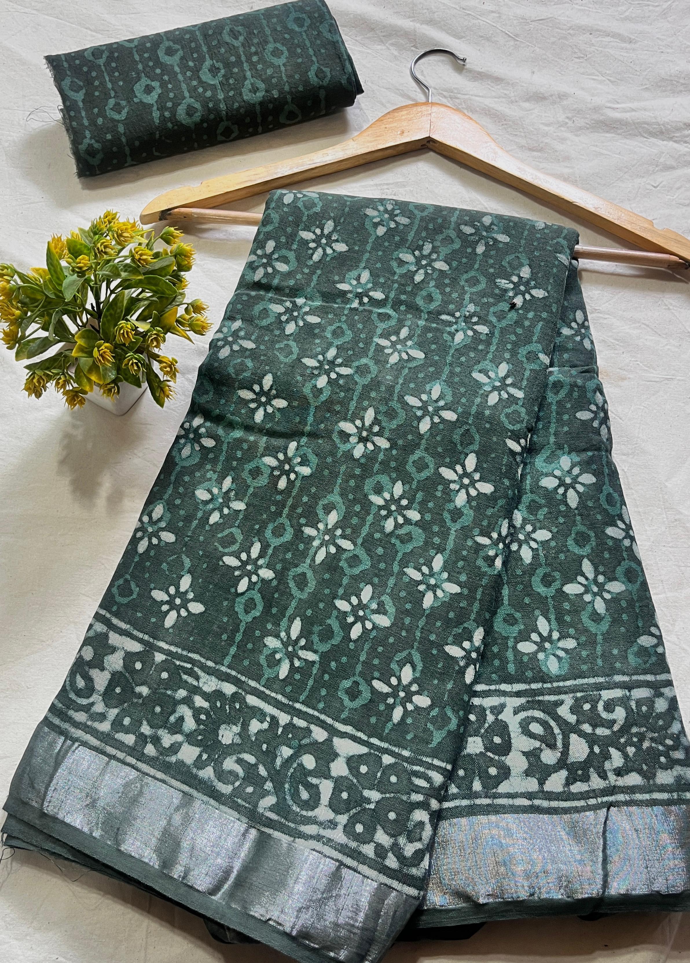 Green Floral Jaal Saree – Premium cotton linen handblock saree wholesale for retailers and boutiques
